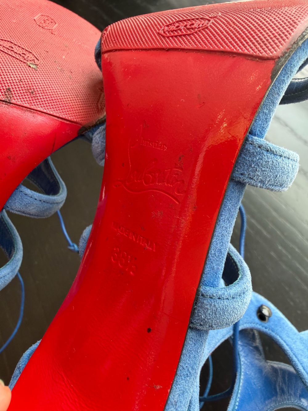 Christian Louboutin AMAZOULO Blue Suede Lace Up High-Heel Sandals 100MM, 38.5 ๐ - Picture 7 of 8
